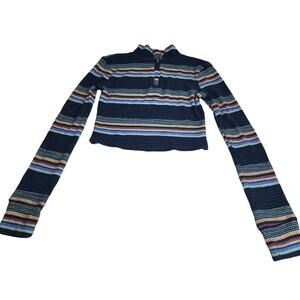 SO Brand Zip Up Collared Neck Long Sleeve Blue Striped Crop Top Women's Size XS